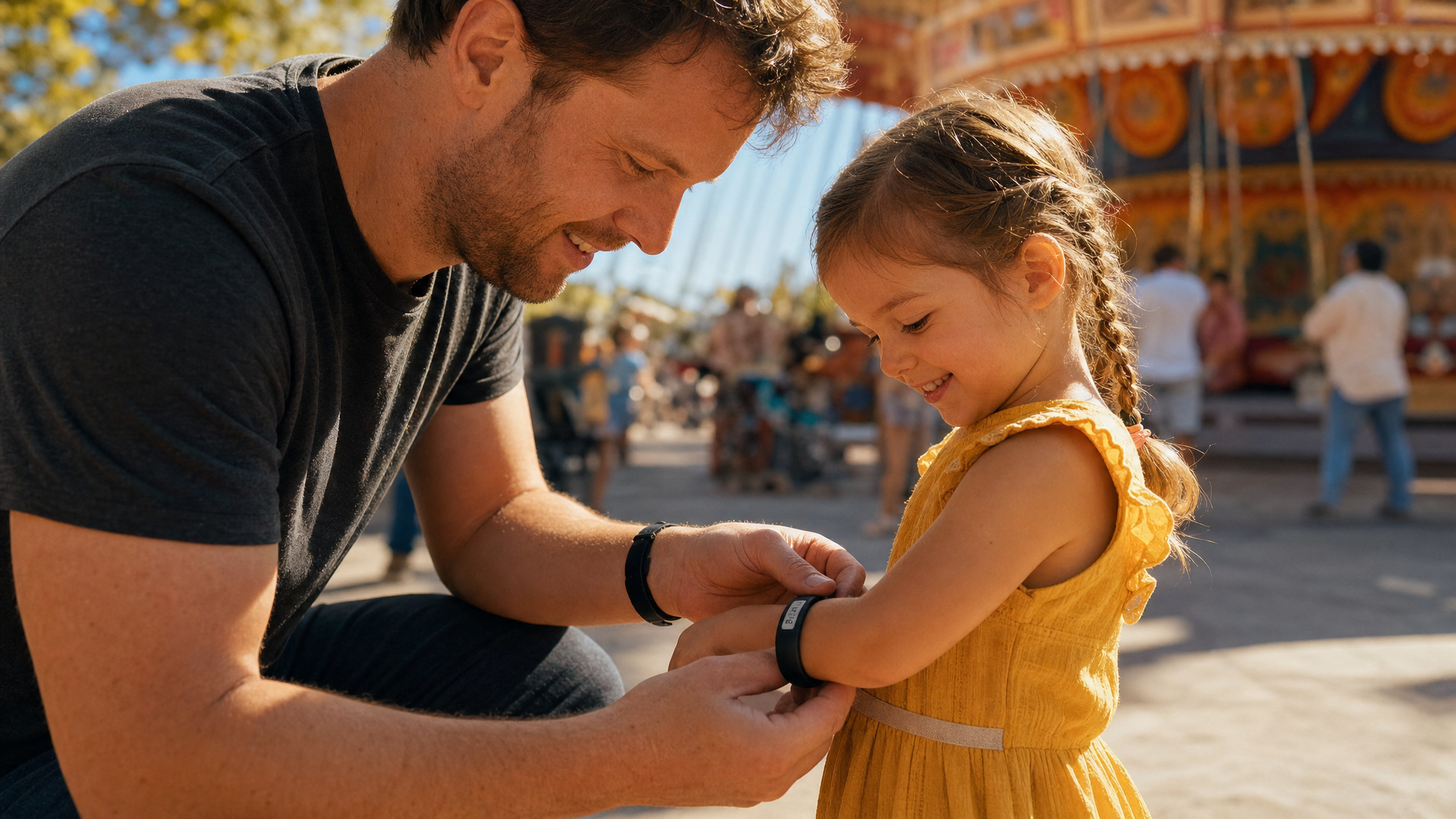 Parent fastening an ALTA band on a child at a park