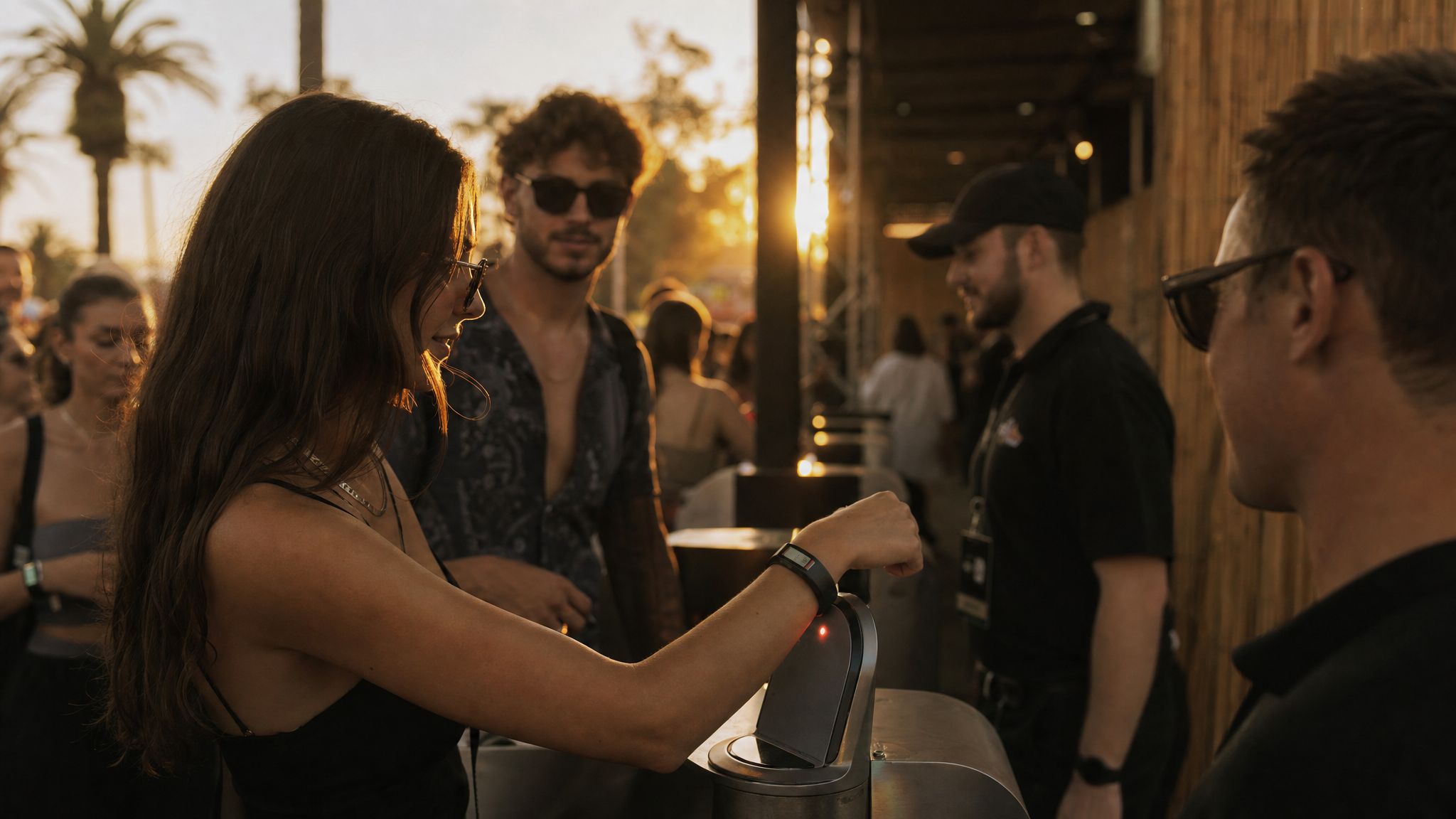 Attendee tapping in at a festival gate at sunset