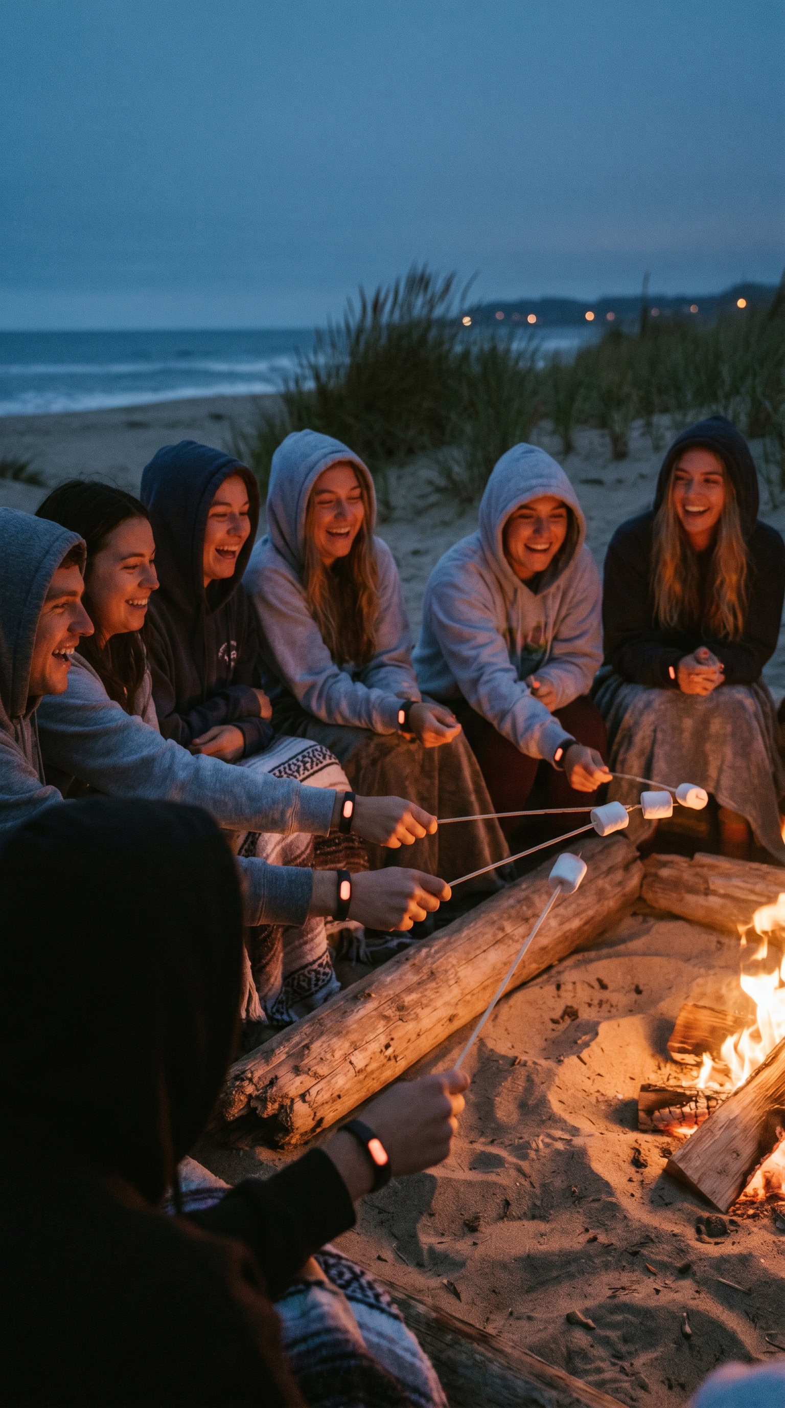 Friends together around a beach fire at dusk wearing ALTA bands