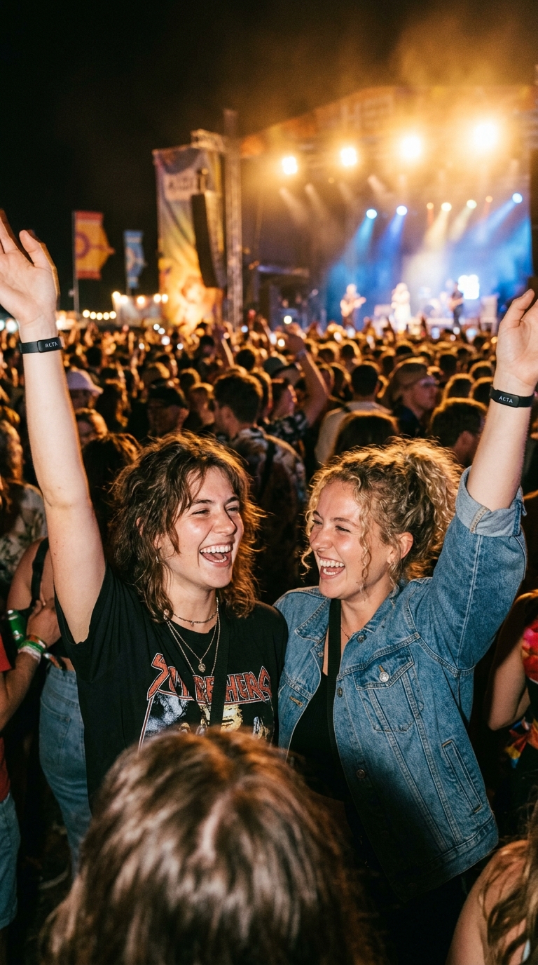 Friends laughing together at a night festival wearing ALTA bands