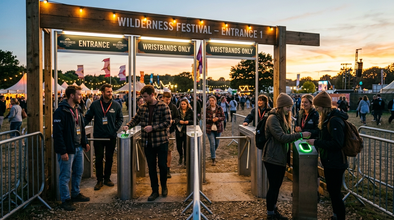 Attendees tapping wristbands at a festival entrance at dusk