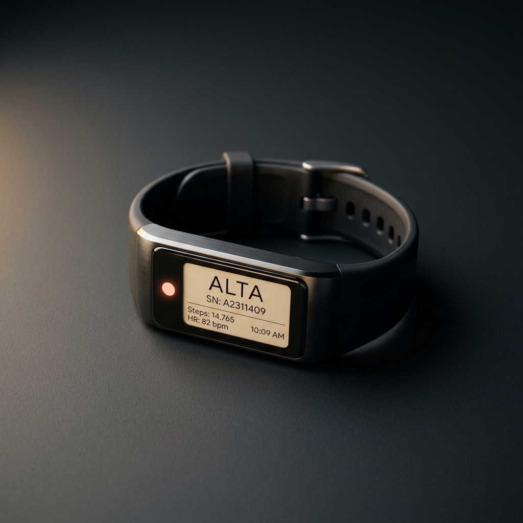 Macro of the ALTA e-paper display showing steps and heart rate